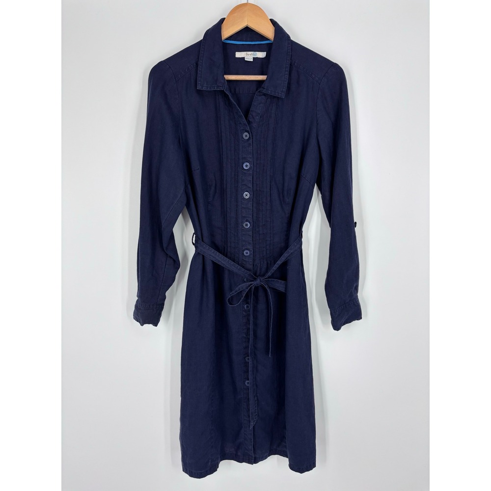 Boden 100% Linen Pintuck Belted Shirt Dress Women US 10L Navy Blue Casual